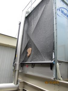 Marley NC Cooling Tower with Industrial Grade Cottonwood Air Intake Filter Screens & Pulley Mount Fastening System Collecting Cottonwood & a Plastic Bag